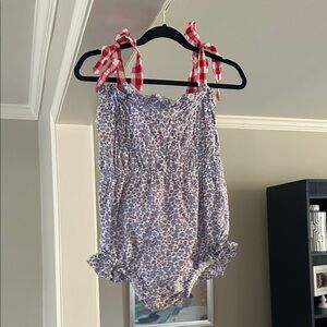 Floral kids Romper with Red Gingham Straps